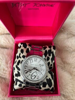 Betsey Johnson Silver Watch with Pink Box and Leopard Pillow